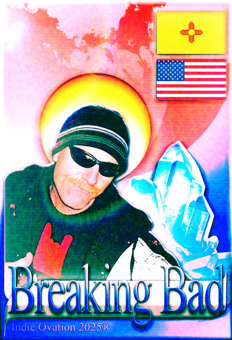 A 13x19 matte poster titled 'Purity Patron' featuring a stylized, haloed Walter White from Breaking Bad with blue crystals and glitch art effects against a white background.