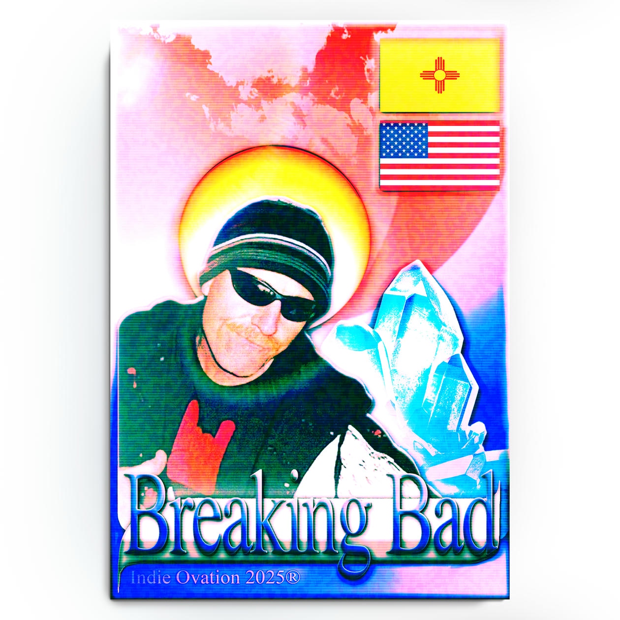 A 13x19 matte poster titled 'Purity Patron' featuring a stylized, haloed Walter White from Breaking Bad with blue crystals and glitch art effects against a white background.