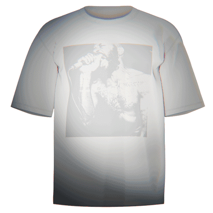 Flat-lay of a white Death Grips MC Ride Ringspun T-Shirt featuring a vivid, detailed print of MC Ride’s iconic live performance. Made from breathable and durable Comfort Colors 100% ringspun cotton. A stylish and comfortable way to celebrate Death Grips' energy and creativity.
