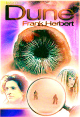 A 13x19 matte poster titled 'Melange Matrix' featuring a visionary glitch-art collage of a blue-in-blue eye, Paul Atreides, and Lady Jessica with vibrant neon overlays and CRT scan lines.