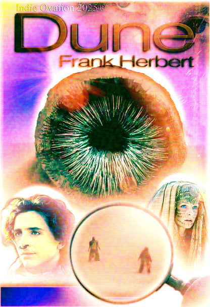 A 13x19 matte poster titled 'Melange Matrix' featuring a visionary glitch-art collage of a blue-in-blue eye, Paul Atreides, and Lady Jessica with vibrant neon overlays and CRT scan lines.