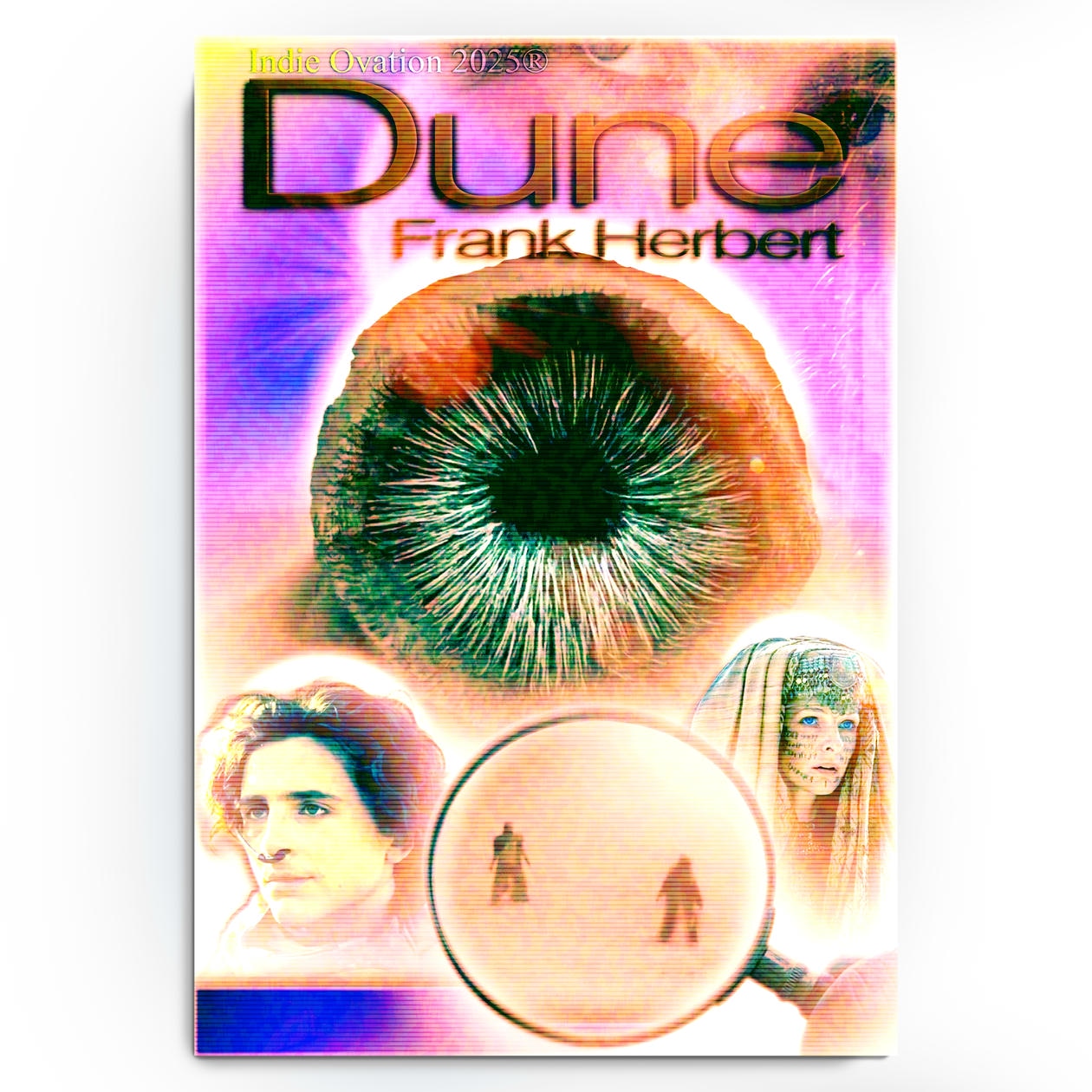 A 13x19 matte poster titled 'Melange Matrix' featuring a visionary glitch-art collage of a blue-in-blue eye, Paul Atreides, and Lady Jessica with vibrant neon overlays and CRT scan lines.