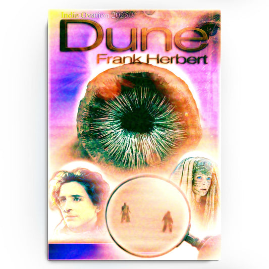 A 13x19 matte poster titled 'Melange Matrix' featuring a visionary glitch-art collage of a blue-in-blue eye, Paul Atreides, and Lady Jessica with vibrant neon overlays and CRT scan lines.