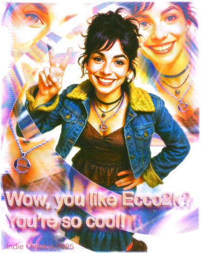 Young woman smiling and flashing a peace sign, wearing a denim jacket and layered Ecco2k-logo necklaces, against a bright abstract collage background with pink text reading “Wow, you like Ecco2k? You’re so cool!”
