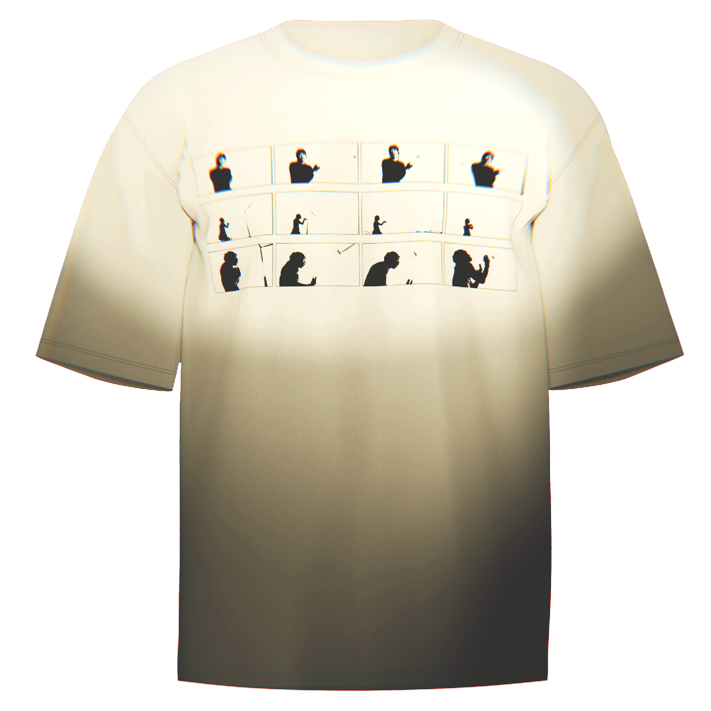 Flat-lay of a creme Ecco2k Peroxide Frames T-Shirt showcasing distinct frames inspired by Ecco2k's visually stunning Peroxide music video. Crafted from premium Comfort Colors 100% ringspun cotton for softness and durability. An ideal addition for Drain Gang supporters.