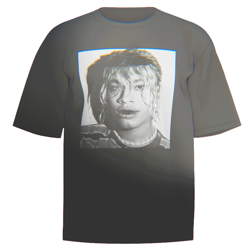 Flat-lay of a black Ecco2k Portrait T-Shirt showcasing a bold, stylized portrait of Ecco2k. Crafted with premium Comfort Colors 100% ringspun cotton for long-lasting comfort and style. A must-have for fans of Ecco2k’s groundbreaking music and ethereal artistry.
