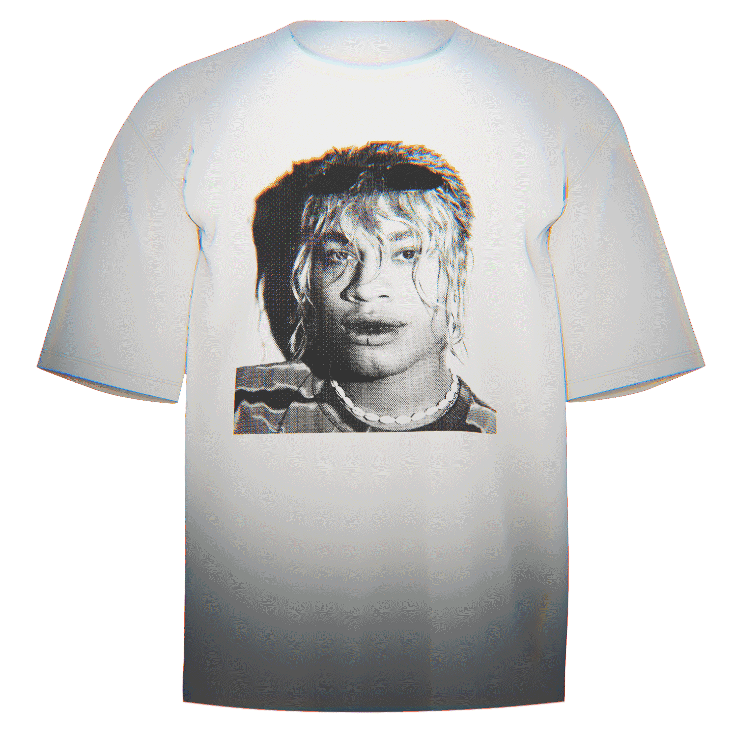 Flat-lay of a white Ecco2k Portrait T-Shirt featuring a captivating, stylized portrait of Ecco2k. Made from ultra-soft Comfort Colors 100% ringspun cotton for breathable comfort and a relaxed fit. Perfect for fans of Ecco2k and the distinctive Drain Gang aesthetic.