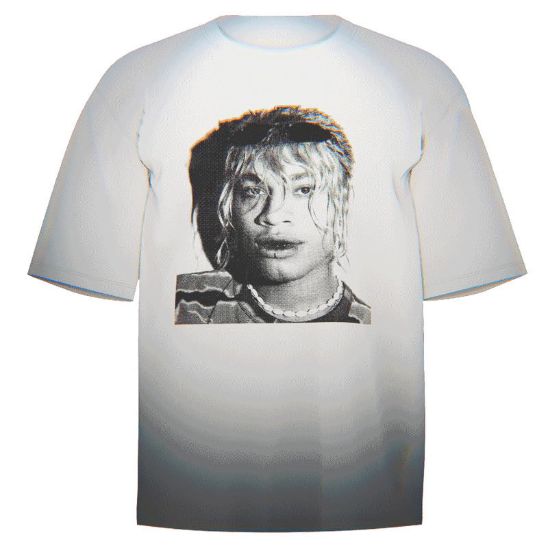 Flat-lay of a white Ecco2k Portrait T-Shirt featuring a captivating, stylized portrait of Ecco2k. Made from ultra-soft Comfort Colors 100% ringspun cotton for breathable comfort and a relaxed fit. Perfect for fans of Ecco2k and the distinctive Drain Gang aesthetic.