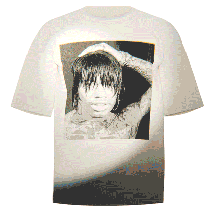 Flat-lay of a creme Ecco2k Selfie T-Shirt featuring an iconic selfie of the artist. Crafted from ultra-soft Comfort Colors 100% ringspun cotton for breathable comfort and a relaxed fit. Perfect for fans of Ecco2k’s visionary style and unique artistry.