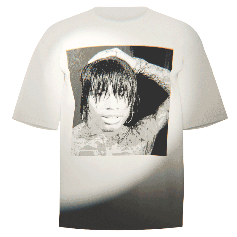 Flat-lay of a white Ecco2k Selfie T-Shirt showcasing a detailed direct-to-garment print of an iconic selfie by Ecco2k. Made with premium Comfort Colors 100% ringspun cotton for softness and durability. An ideal addition to any Drain Gang supporter’s collection.