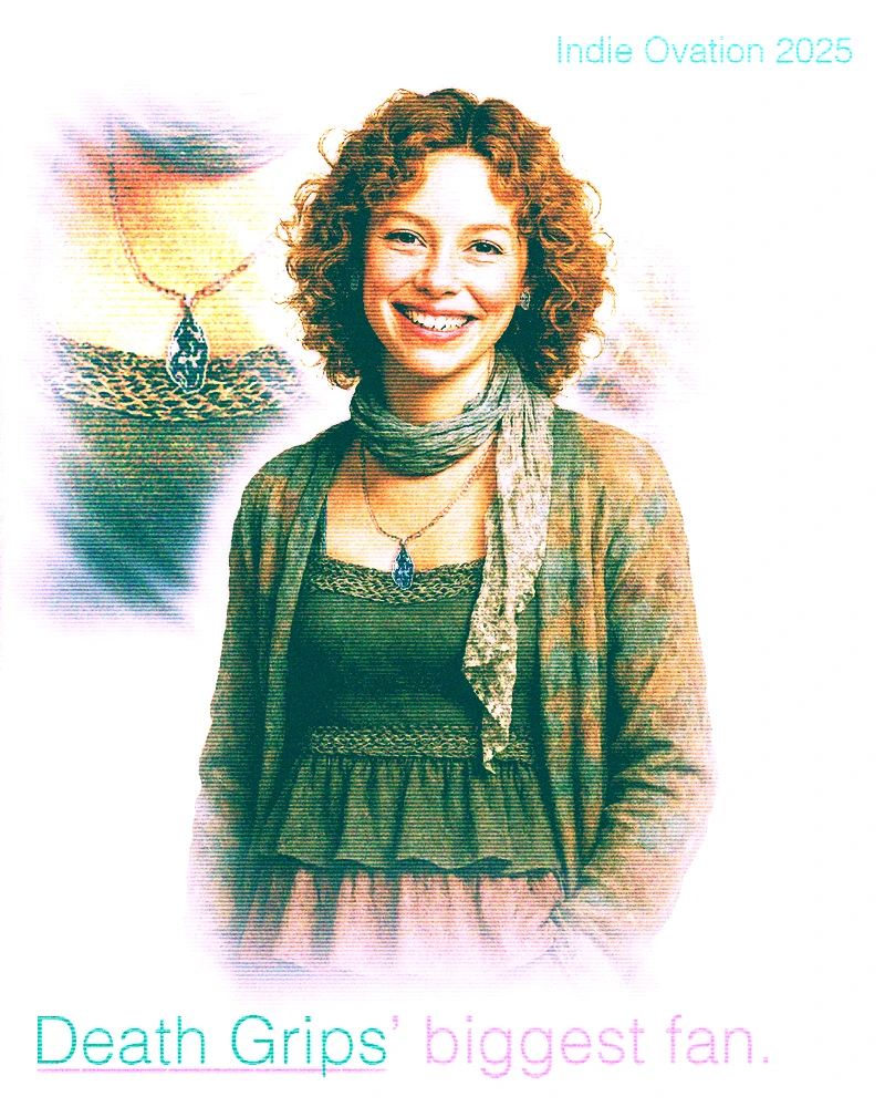 gorgeous flyer of a curly haired woman in a green outfit wearing a death grips necklace and earrings, reading "Death grips' biggest fan"