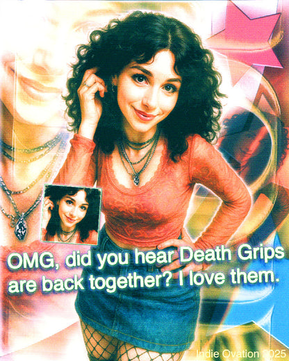 flyer of a woman in a red shirt and denim skirt posing in a death grips necklace. it has a caption reading "omg, did you hear death grips are back together? i love them."