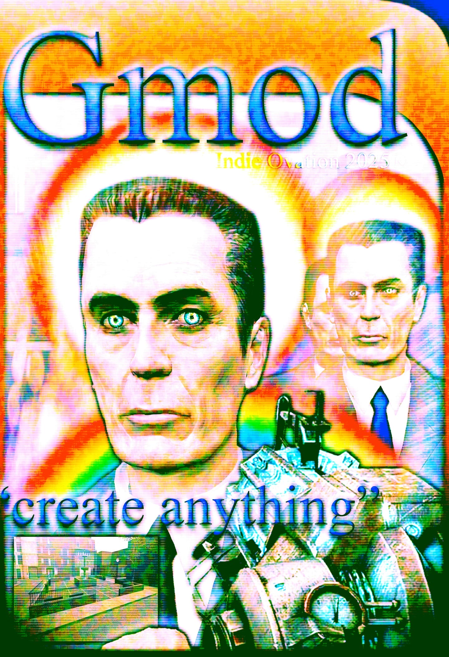 A vibrant, maximalist art poster featuring a distorted, solarized portrait of the G-Man from Garry's Mod. He is surrounded by glowing rainbow halos and blurred duplicates of himself, holding a Tool Gun. A small inset screenshot of the gm_construct map is in the bottom left. The design features bold blue "Gmod" typography and the slogan "create anything" over a high-contrast, overexposed background.
