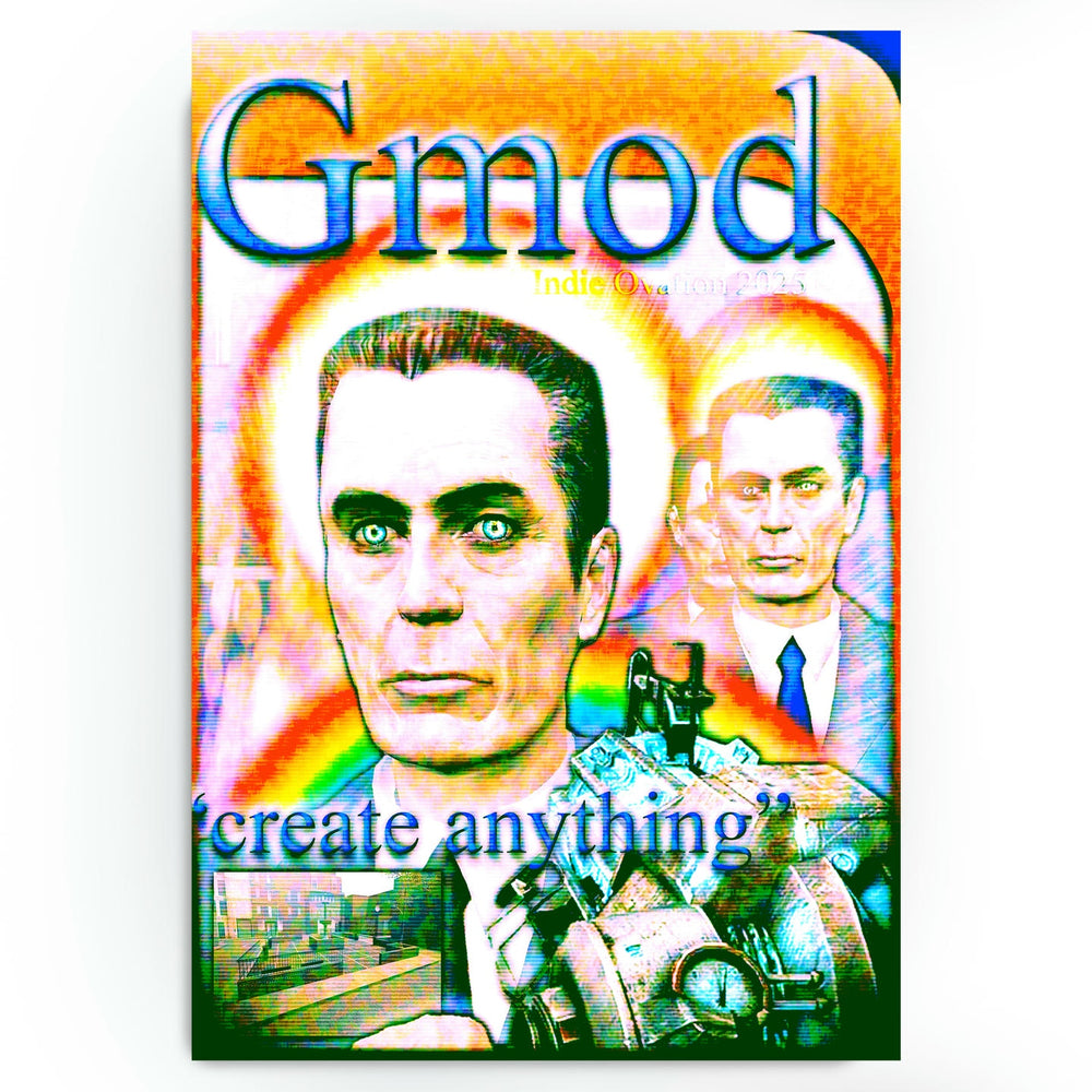 A vibrant, maximalist art poster featuring a distorted, solarized portrait of the G-Man from Garry's Mod. He is surrounded by glowing rainbow halos and blurred duplicates of himself, holding a Tool Gun. A small inset screenshot of the gm_construct map is in the bottom left. The design features bold blue "Gmod" typography and the slogan "create anything" over a high-contrast, overexposed background.