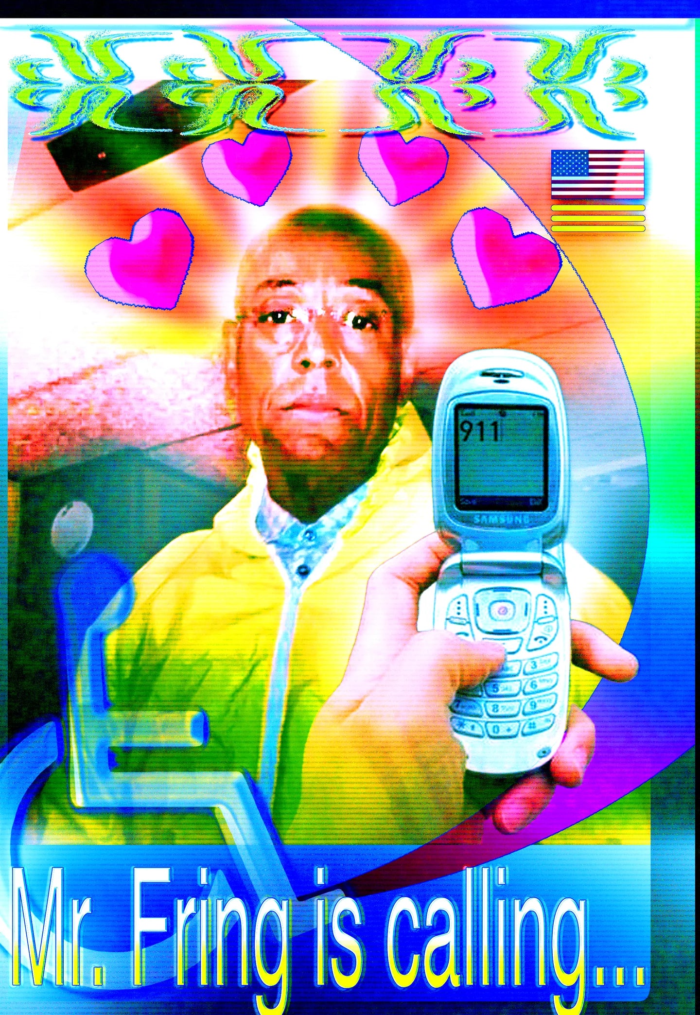 Glitch-core collage poster of Gus Fring from Breaking Bad, with rainbow halos, pixel hearts, flip phone showing 911, and VHS scanline effects. Text reads ‘Mr. Fring is calling…’ in bright colors.
