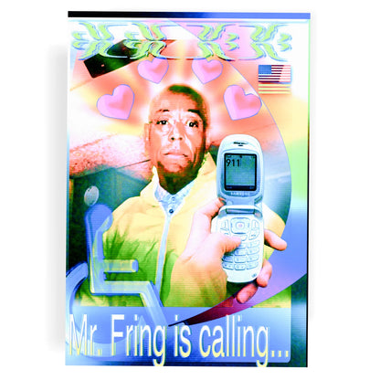 Glitch-core collage poster of Gus Fring from Breaking Bad, with rainbow halos, pixel hearts, flip phone showing 911, and VHS scanline effects. Text reads ‘Mr. Fring is calling…’ in bright colors.