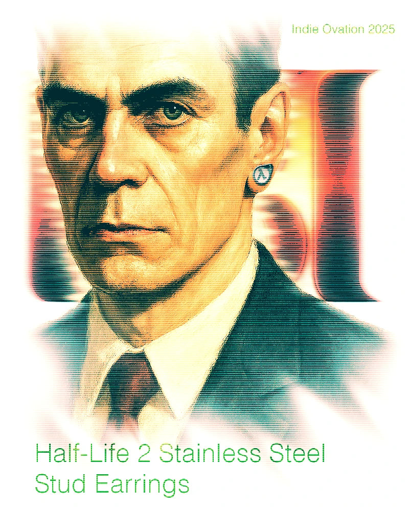 flyer of gman from half life 2 wearing half life 2 lambda stainless steel earrings from indie ovation