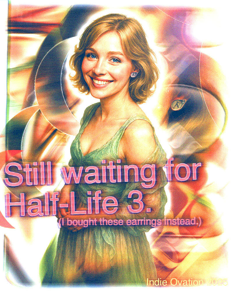 cute image of a woman wearing a green dress and half life 2 earrings, reading "Still waiting for half life 3. i bought these earrings instead".