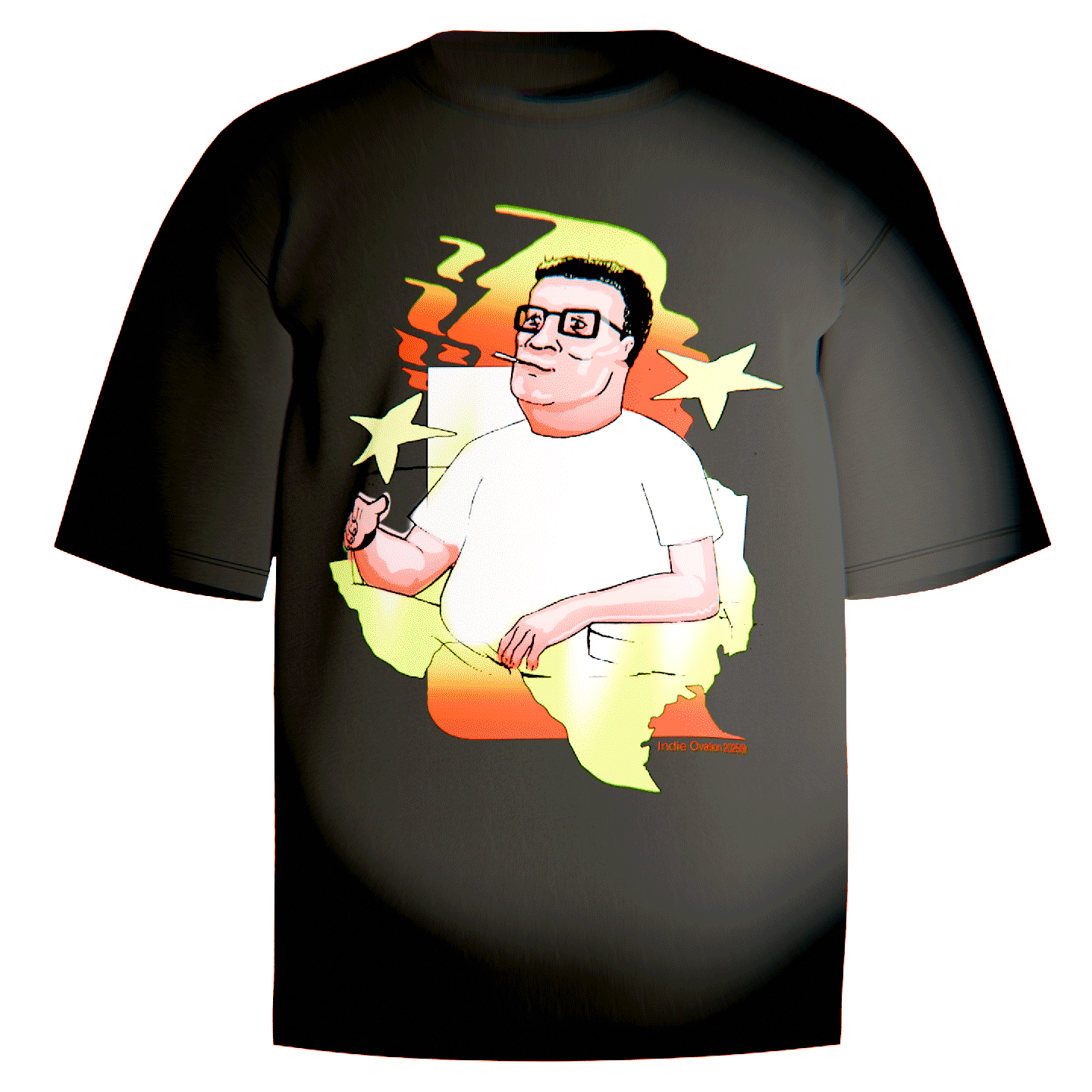 Black shirt with design of hank hill on a texas flag smoking a cigarette with a yellow and orange flame behind him