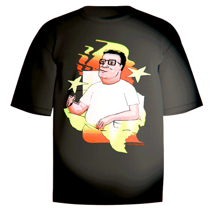 Black shirt with design of hank hill on a texas flag smoking a cigarette with a yellow and orange flame behind him