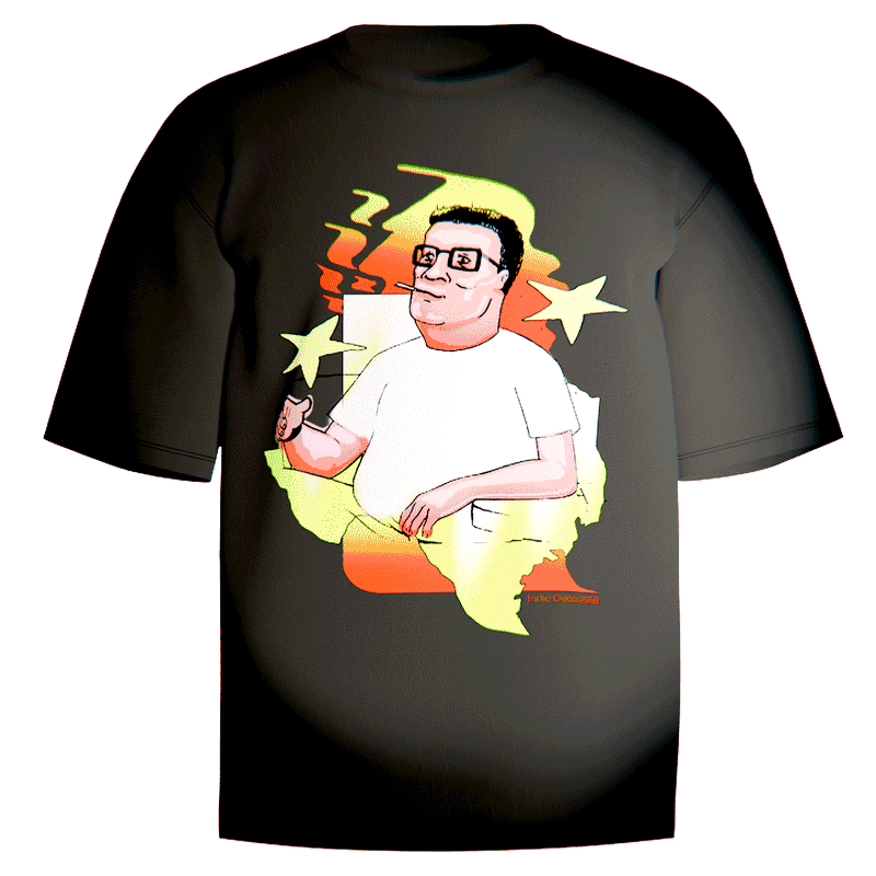 Black shirt with design of hank hill on a texas flag smoking a cigarette with a yellow and orange flame behind him