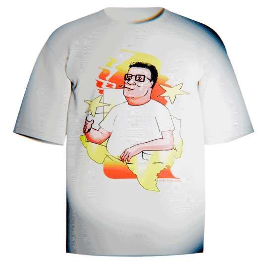 White shirt with design of hank hill on a texas flag smoking a cigarette with a yellow and orange flame behind him