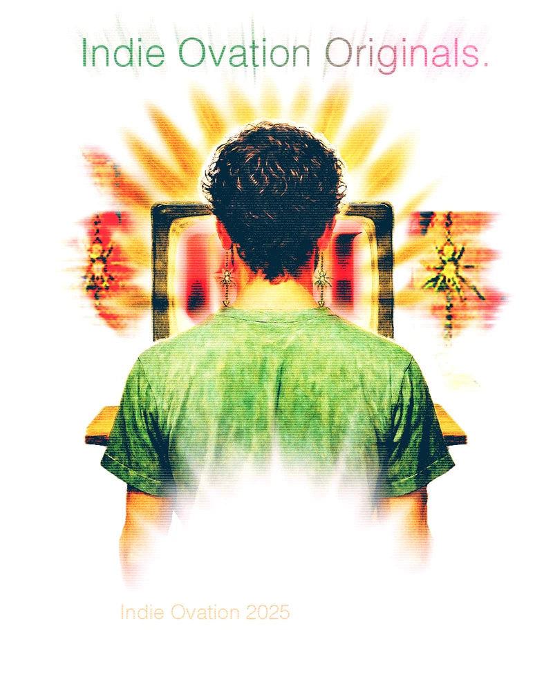 flyer of a man in a green shirt standing in front of a glowing monitor, he is wearing two stainless steel earrings of a spider with a fly in its web, it reads "Indie Ovation Originals"