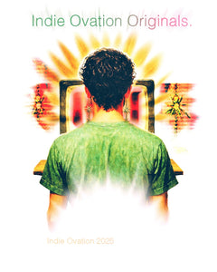flyer of a man in a green shirt standing in front of a glowing monitor, he is wearing two stainless steel earrings of a spider with a fly in its web, it reads "Indie Ovation Originals"