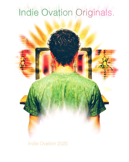 flyer of a man in a green shirt standing in front of a glowing monitor, he is wearing two stainless steel earrings of a spider with a fly in its web, it reads "Indie Ovation Originals"