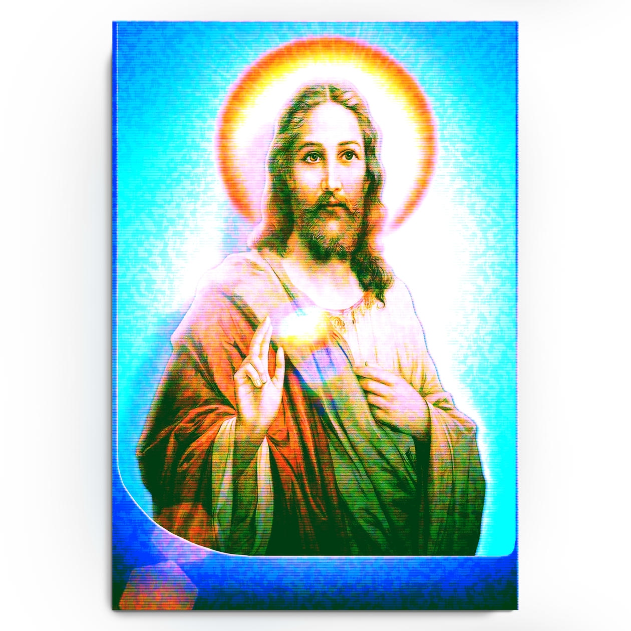 A classical portrait of Jesus with a glowing orange halo, overlaid with cyan and green CRT scan lines and digital glitch artifacts.