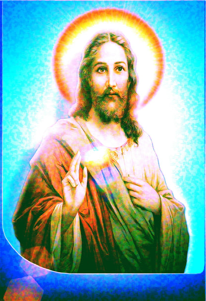 A classical portrait of Jesus with a glowing orange halo, overlaid with cyan and green CRT scan lines and digital glitch artifacts.