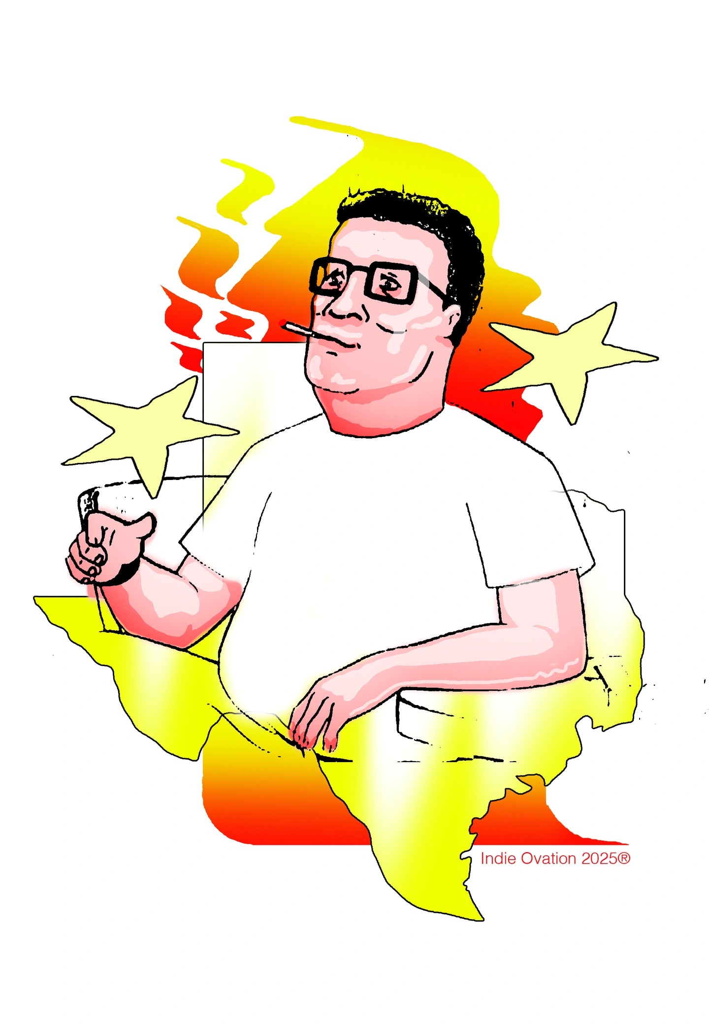 Design of hank hill on a texas flag smoking a cigarette with a yellow and orange flame behind him