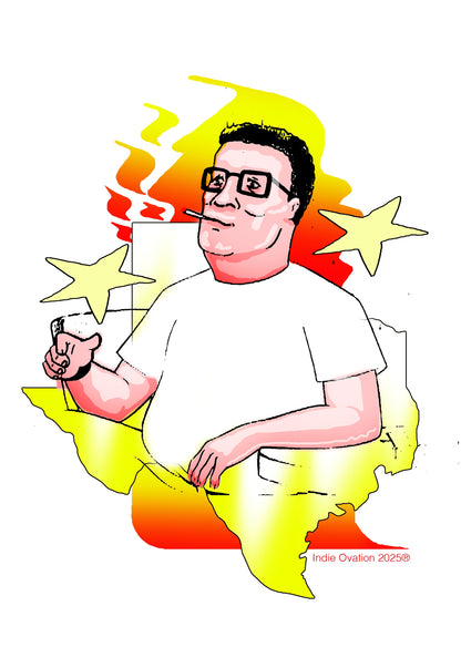 Design of hank hill on a texas flag smoking a cigarette with a yellow and orange flame behind him