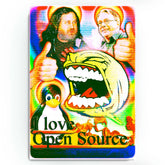 Glitch-style poster featuring Linux, Linus Torvalds, and Richard Stallman with neon Y2K colors, meme aesthetics, and open-source symbolism.