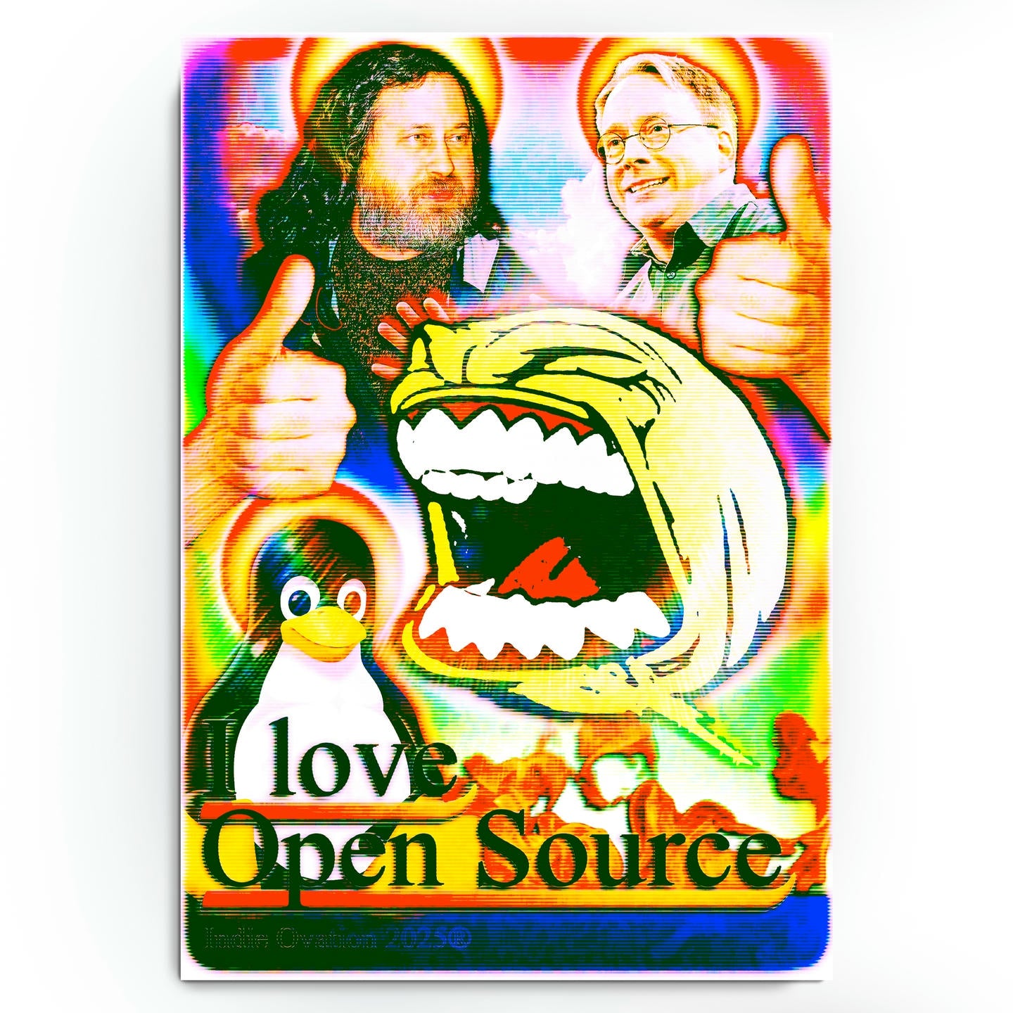 Glitch-style poster featuring Linux, Linus Torvalds, and Richard Stallman with neon Y2K colors, meme aesthetics, and open-source symbolism.