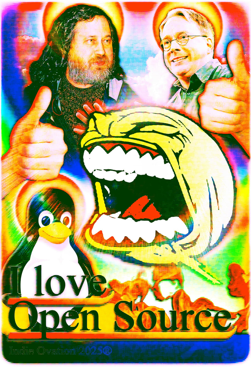 Glitch-style poster featuring Linux, Linus Torvalds, and Richard Stallman with neon Y2K colors, meme aesthetics, and open-source symbolism.