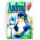 A vibrant, maximalist art poster titled "Tux Mobile" featuring the Linux mascot, Tux the penguin, holding a glowing smartphone that says "Phone". The design is drenched in neon green and blue scanlines with a large red heart in the top right. The word "Android" is prominently displayed at the top in a bold blue serif font, with "Indie Ovation 2026" at the bottom.