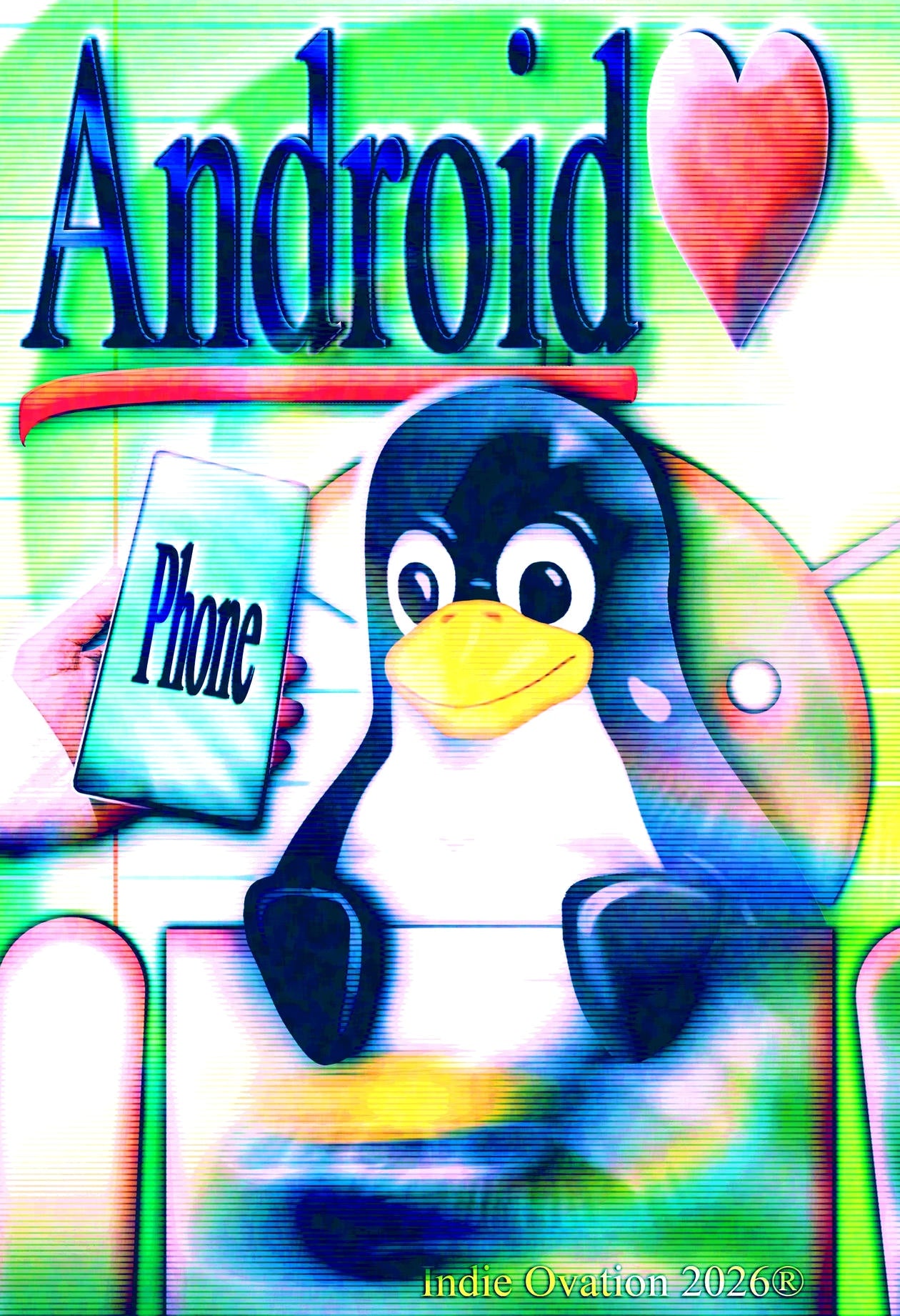 A vibrant, maximalist art poster titled "Tux Mobile" featuring the Linux mascot, Tux the penguin, holding a glowing smartphone that says "Phone". The design is drenched in neon green and blue scanlines with a large red heart in the top right. The word "Android" is prominently displayed at the top in a bold blue serif font, with "Indie Ovation 2026" at the bottom.