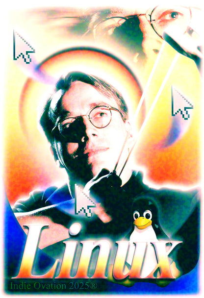 A vibrant, maximalist art poster titled "Open Source Oracle" featuring a solarized portrait of Linus Torvalds. He is surrounded by glowing rainbow halos and multiple pixelated mouse cursors pointing at him. The Linux penguin, Tux, stands next to bold, glowing "Linux" typography at the bottom. The design uses high-contrast, overexposed colors and "Indie Ovation 2025" in the bottom left.