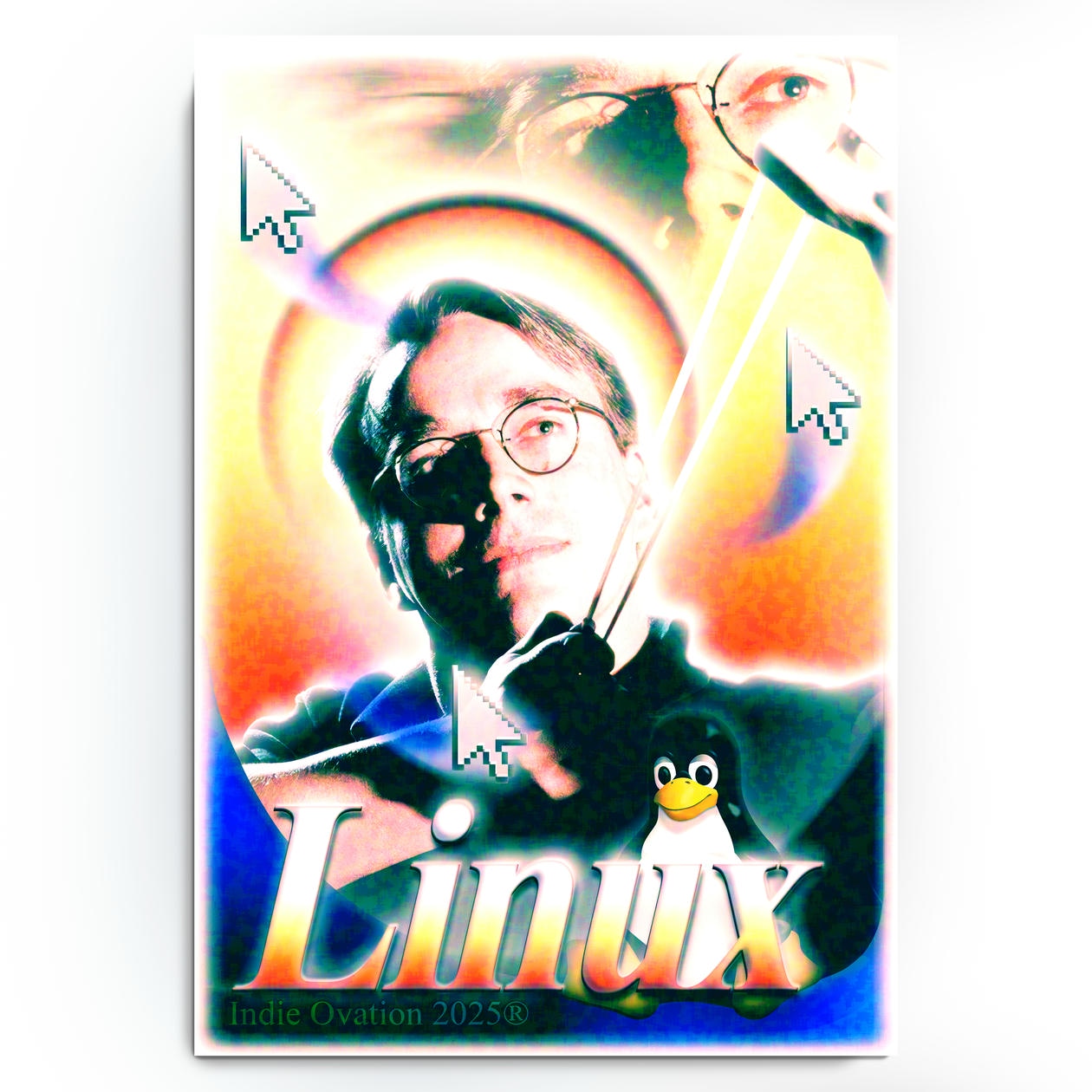 A vibrant, maximalist art poster titled "Open Source Oracle" featuring a solarized portrait of Linus Torvalds. He is surrounded by glowing rainbow halos and multiple pixelated mouse cursors pointing at him. The Linux penguin, Tux, stands next to bold, glowing "Linux" typography at the bottom. The design uses high-contrast, overexposed colors and "Indie Ovation 2025" in the bottom left.