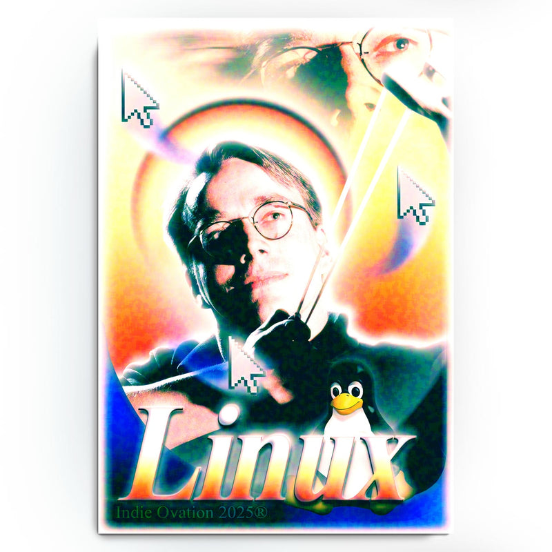 A vibrant, maximalist art poster titled "Open Source Oracle" featuring a solarized portrait of Linus Torvalds. He is surrounded by glowing rainbow halos and multiple pixelated mouse cursors pointing at him. The Linux penguin, Tux, stands next to bold, glowing "Linux" typography at the bottom. The design uses high-contrast, overexposed colors and "Indie Ovation 2025" in the bottom left.