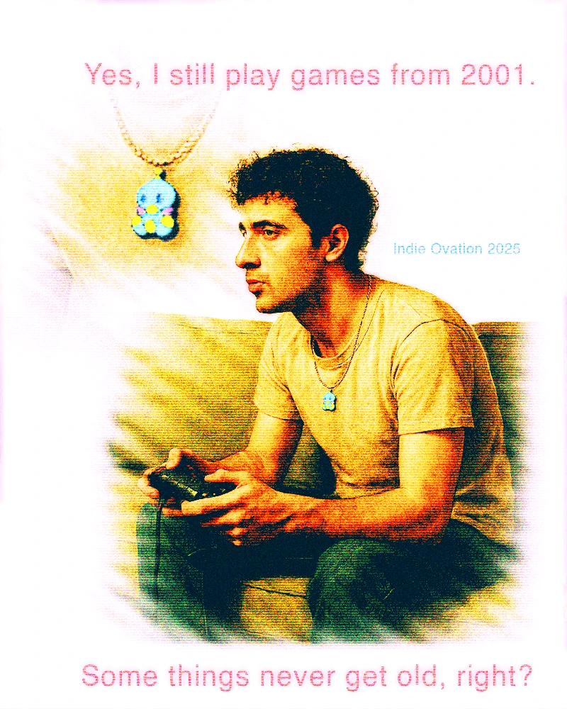 Flyer of a man gaming while wearing a stainless steel chain with an enamel pendant of a chao from sonic adventure 2
