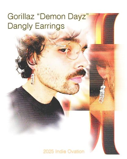 flyer of man wearing stainless steel gorillaz demon dayz earrings