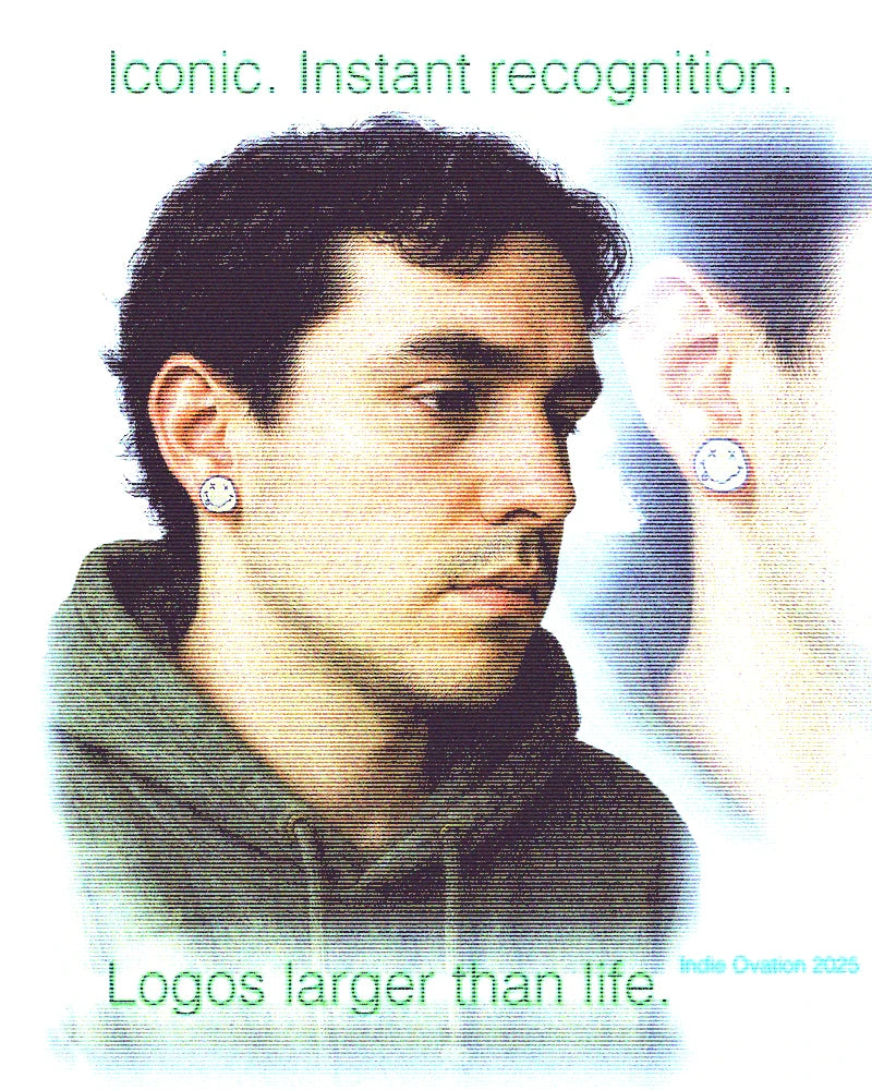 flyer of a man wearing nirvana stainless steel stud earrings against a white background, reading "iconic. instant recognition. logos larger than life"