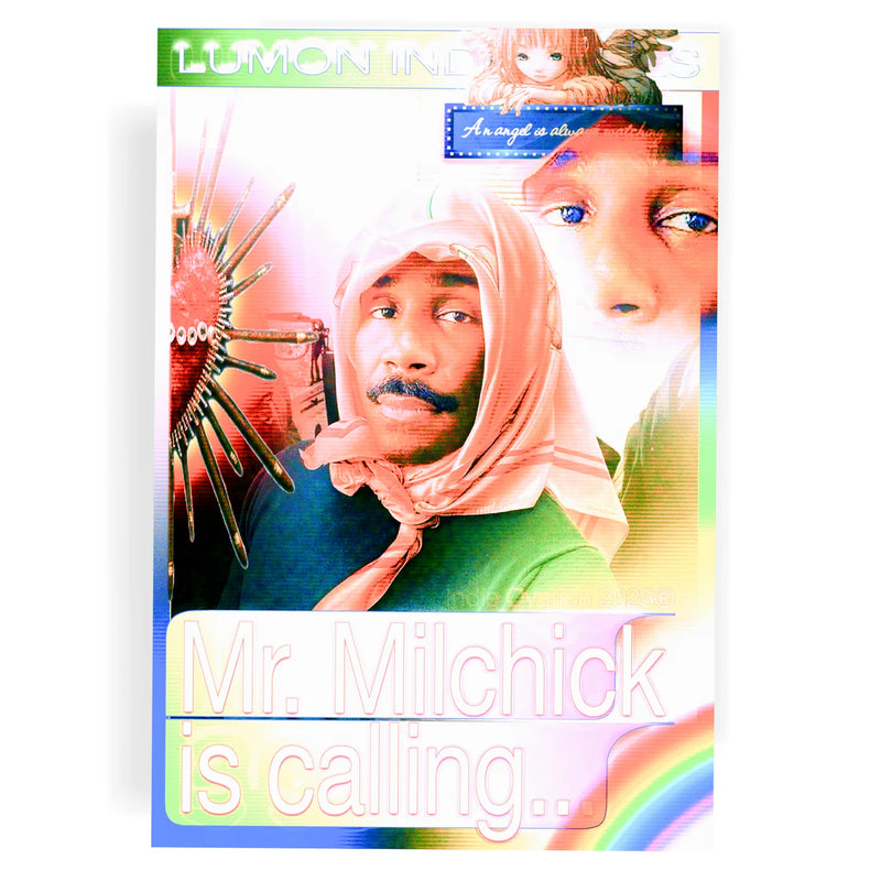 “Glitch-core collage poster of Mr. Milchick from Severance, with rainbow gradients, CRT scanlines, angel illustration, and surreal doubled portrait. Text reads ‘Mr. Milchick is calling…’ with Lumon Industries branding.”