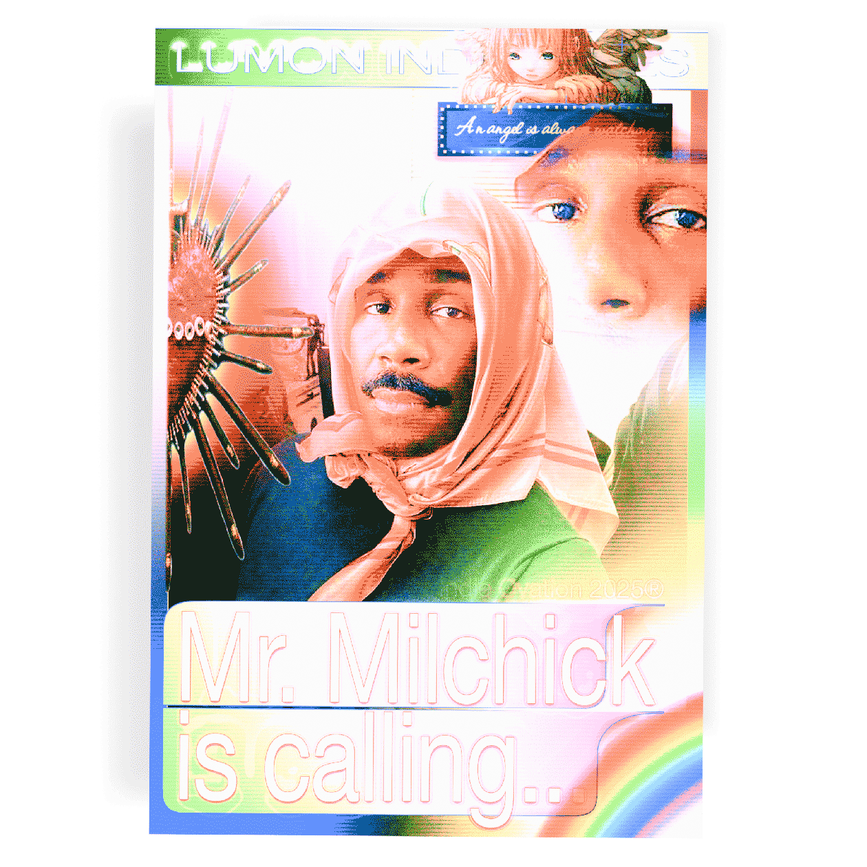 “Glitch-core collage poster of Mr. Milchick from Severance, with rainbow gradients, CRT scanlines, angel illustration, and surreal doubled portrait. Text reads ‘Mr. Milchick is calling…’ with Lumon Industries branding.”