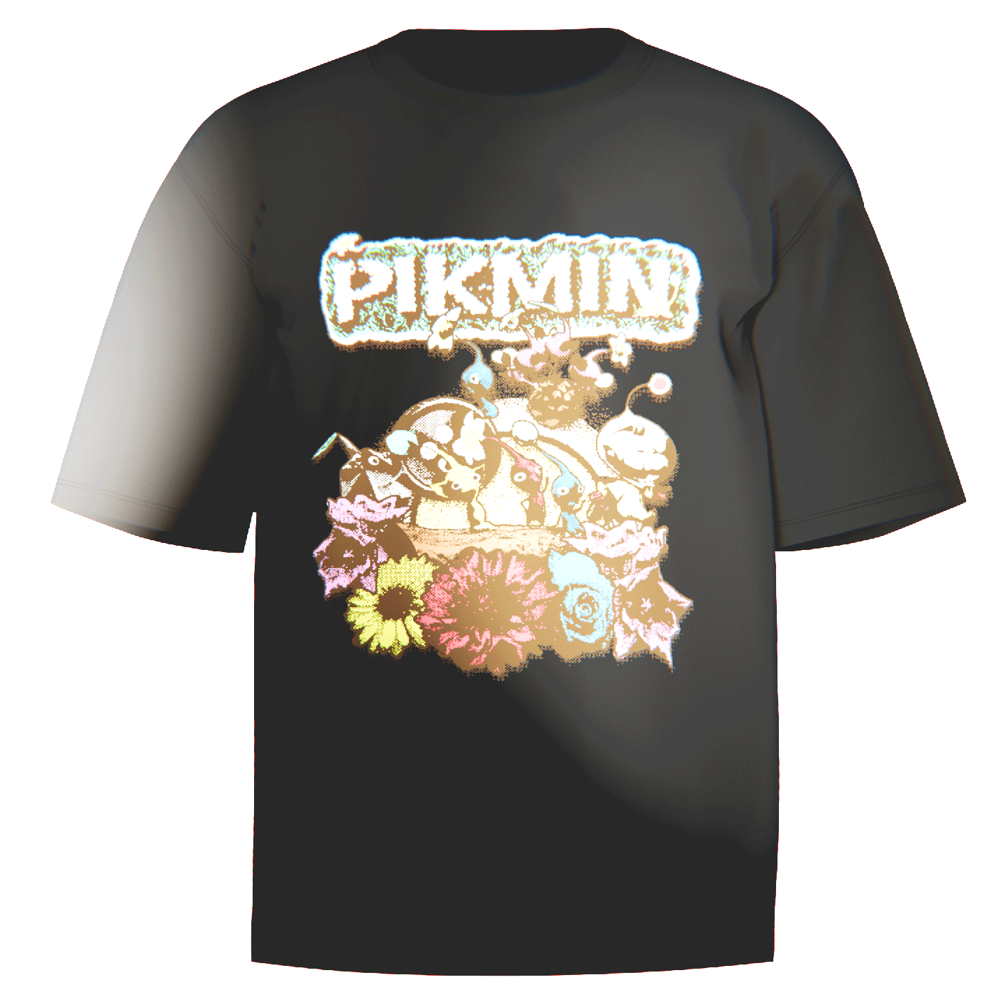 Flat-lay of a black Pikmin Ringspun T-Shirt showcasing a bold pixel-inspired print of Captain Olimar and his Pikmin. Crafted with premium Comfort Colors 100% ringspun cotton for lasting comfort and style. A must-have for retro gaming enthusiasts.