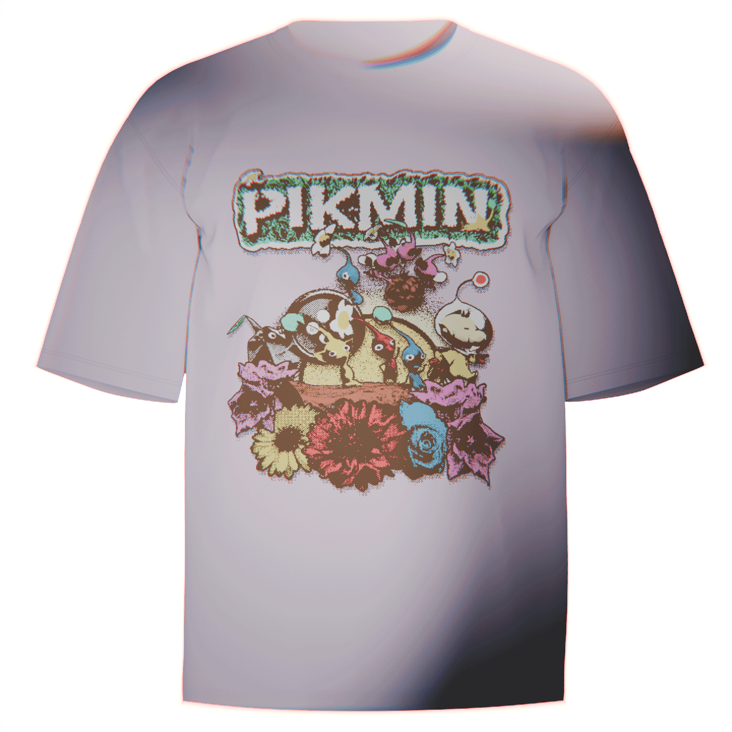 Flat-lay of a blue Pikmin Ringspun T-Shirt showcasing a stylized pixel art design of Captain Olimar leading his Pikmin. Crafted from ultra-soft Comfort Colors 100% ringspun cotton for breathable comfort and a relaxed fit. A stylish addition to any retro gaming fan’s wardrobe.