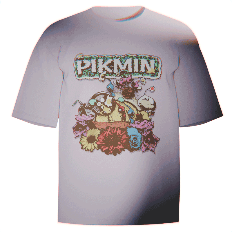 Flat-lay of a blue Pikmin Ringspun T-Shirt showcasing a stylized pixel art design of Captain Olimar leading his Pikmin. Crafted from ultra-soft Comfort Colors 100% ringspun cotton for breathable comfort and a relaxed fit. A stylish addition to any retro gaming fan’s wardrobe.
