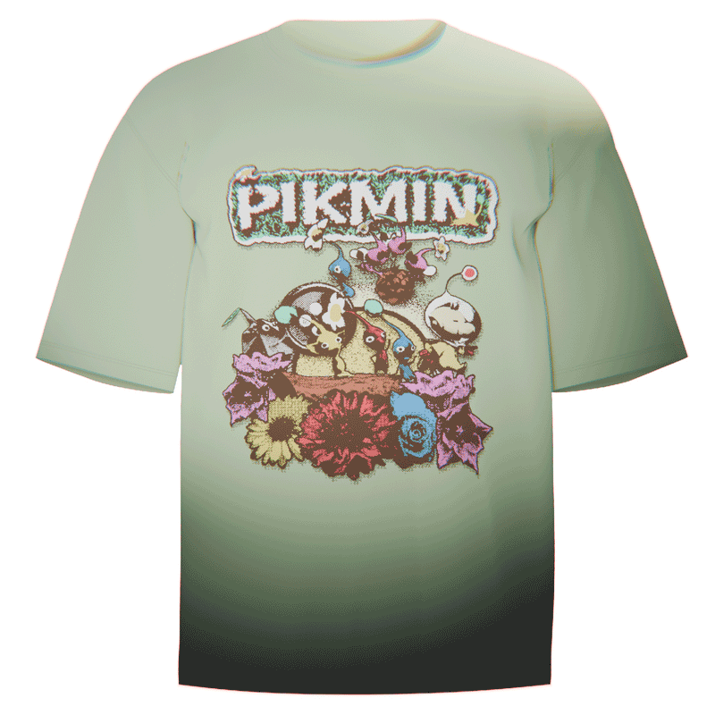 Flat-lay of a green Pikmin Ringspun T-Shirt featuring a pixel-inspired design of Captain Olimar commanding his Pikmin. Made from ultra-soft Comfort Colors 100% ringspun cotton for breathable comfort and a relaxed fit. Perfect for fans of Nintendo’s charming Pikmin series.